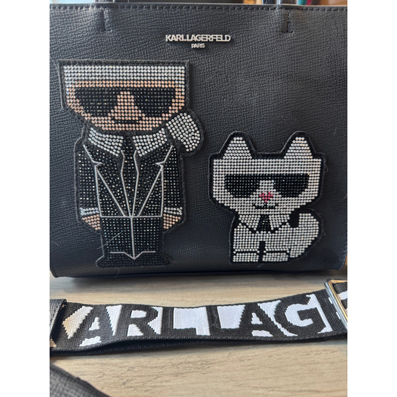 Karl Lagerfeld Black Tote Bag with Rhinestone Patches - Picture 1 of 12
